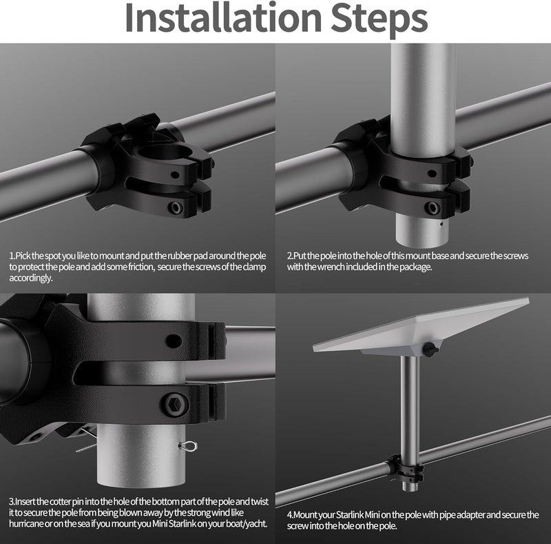 EAZUSE Starlink Mini Mount, RV Roof Rack Mount Kit for Starlink Mini Compatible with New Version Pipe Adapter for Horizontal Pole Mounting on Car, RV Ladder, Yacht Rack - Image 4